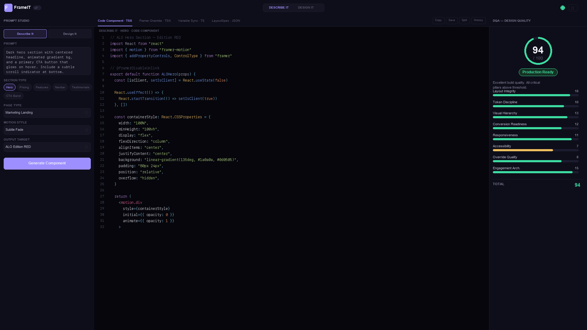 FrameIT v7 interface — Prompt Studio, Code Output, and DQA Scoring